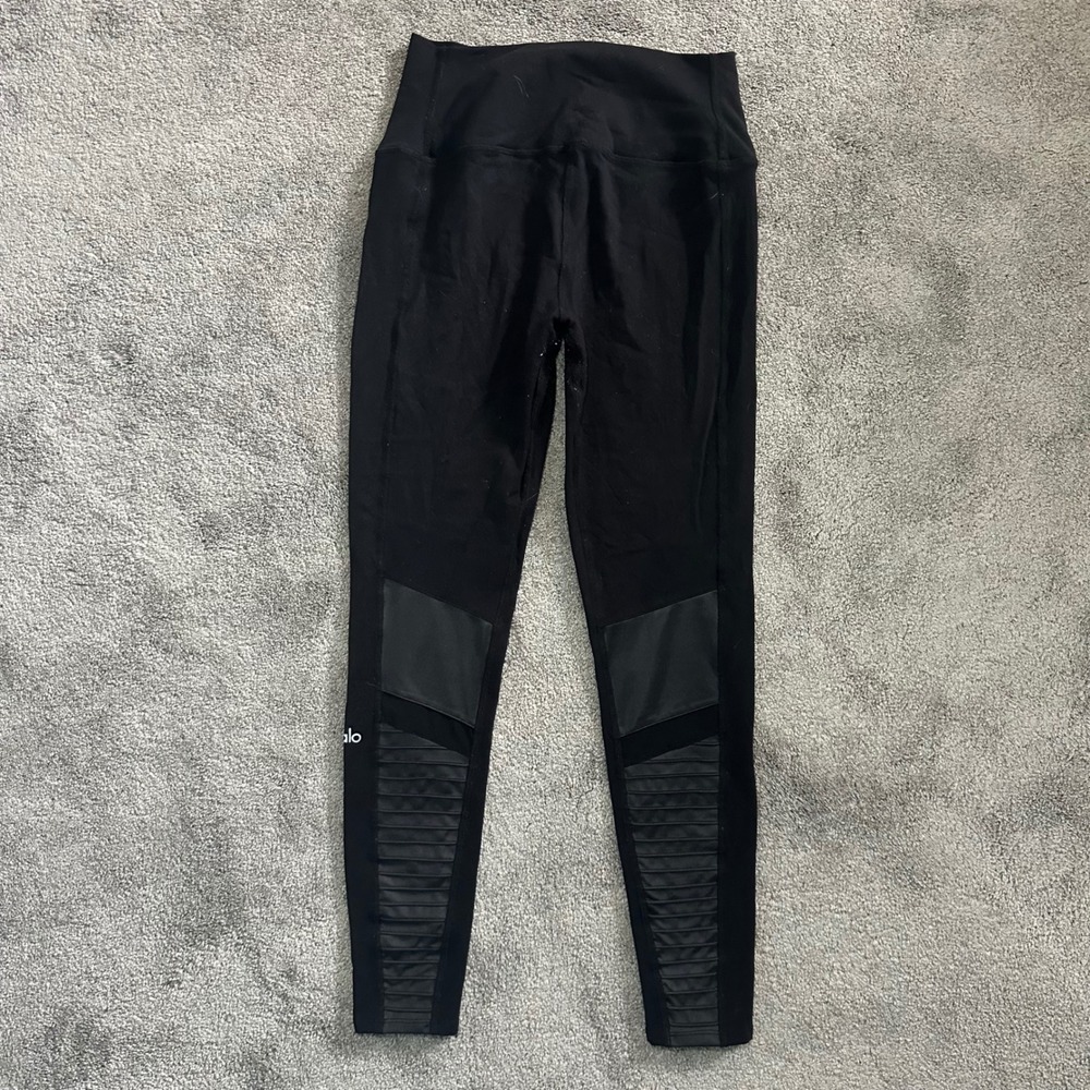Alo Yoga Moto Leggings Women Large Black High Waist Ribbed Panel Leggings